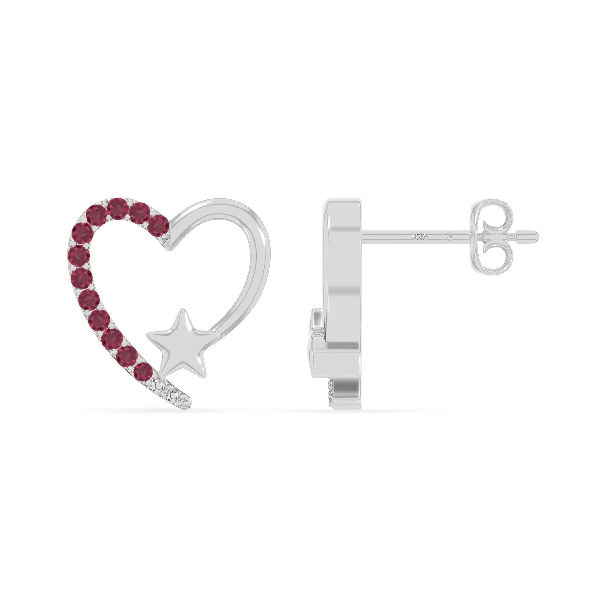 natural ruby heart-star stud earrings in sterling silver 