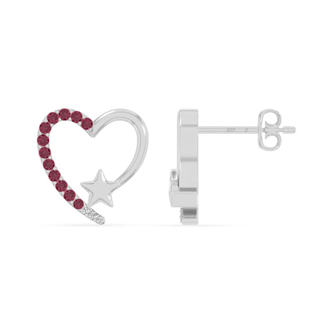natural ruby heart-star stud earrings in sterling silver 