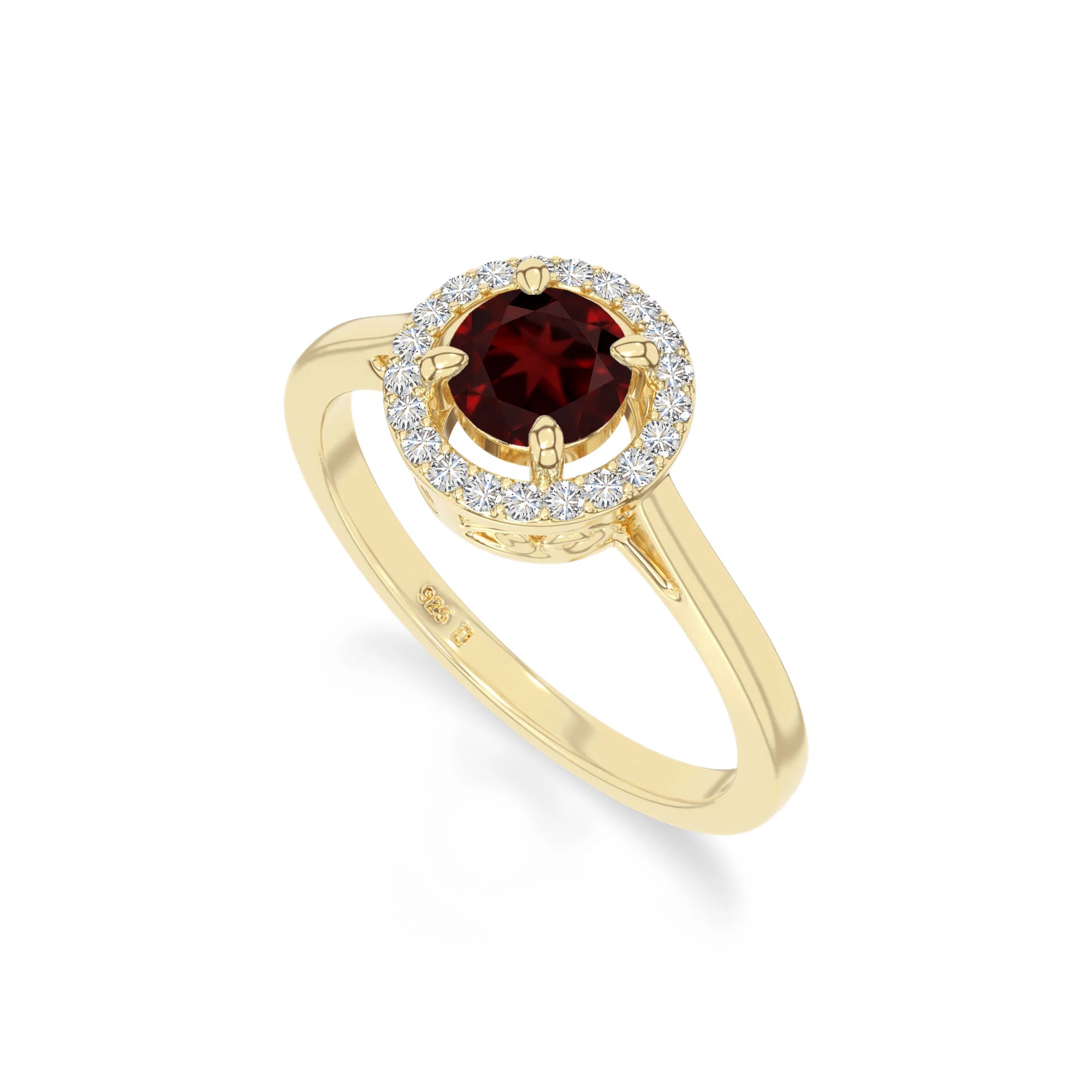 natural garnet solitaire halo engagement rings in yellow gold vermeil