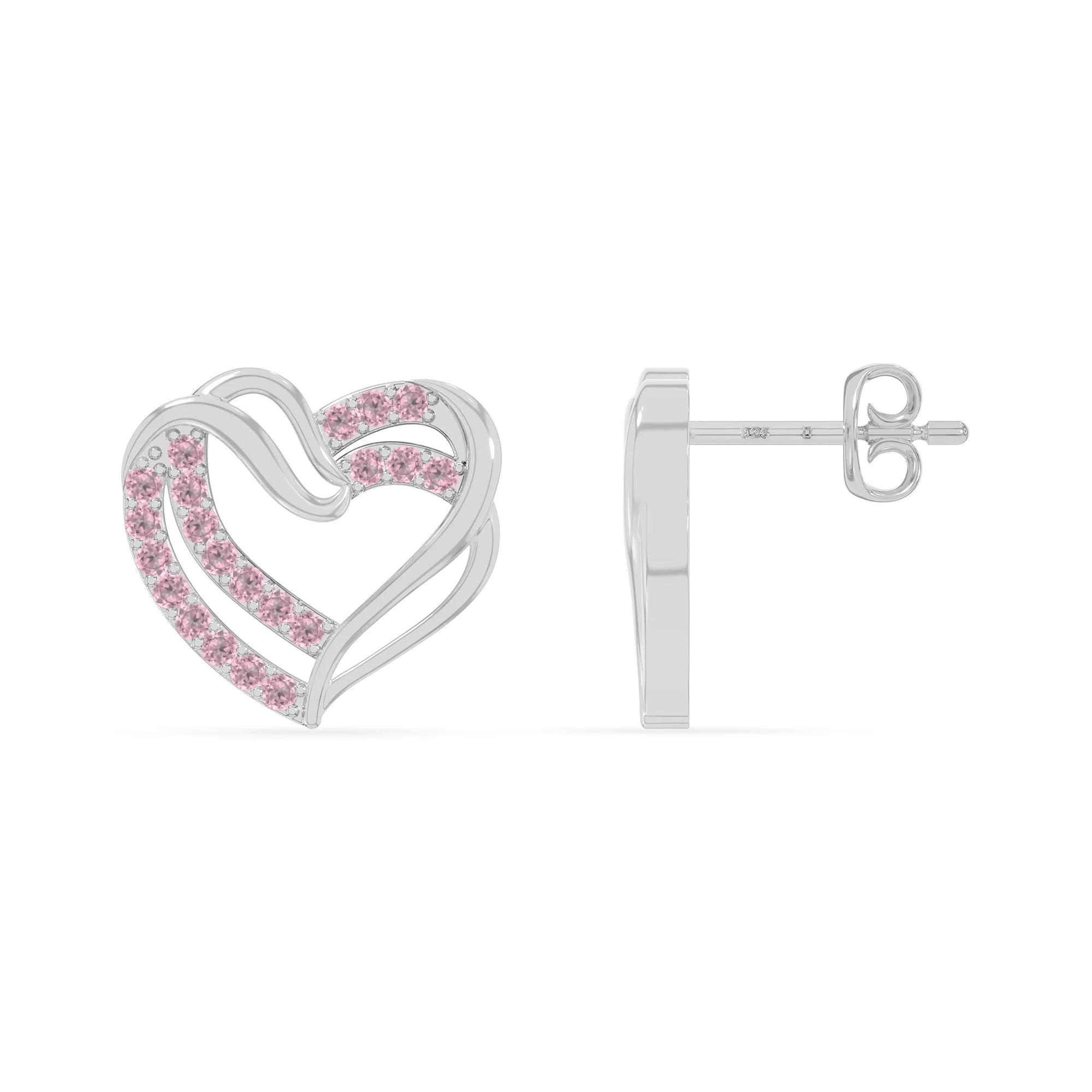 natural pink-tourmaline heart-in-heart stud earrings in sterling silver 