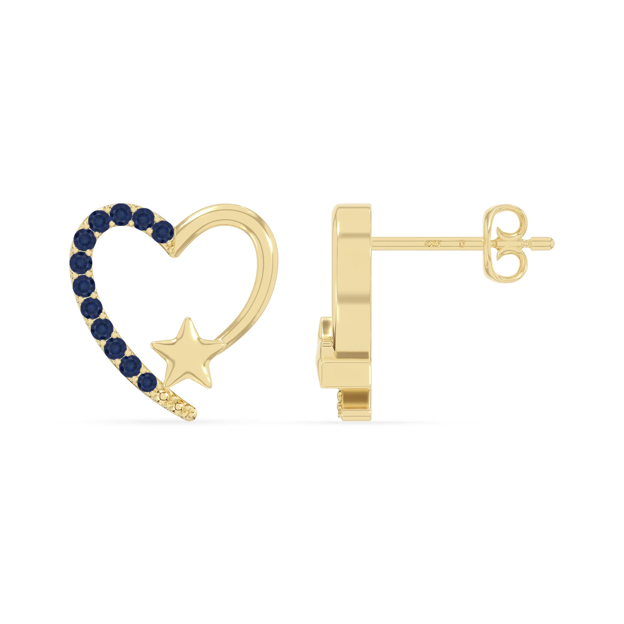 natural blue-sapphire heart-star stud earrings in yellow gold vermeil 