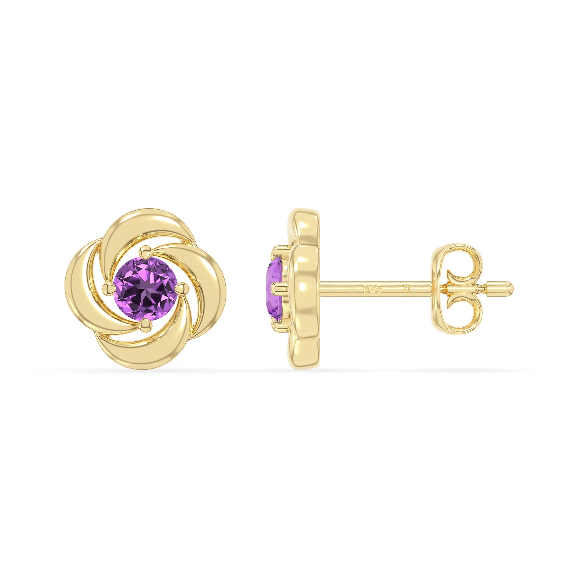 natural amethyst flower stud earrings in yellow gold vermeil 