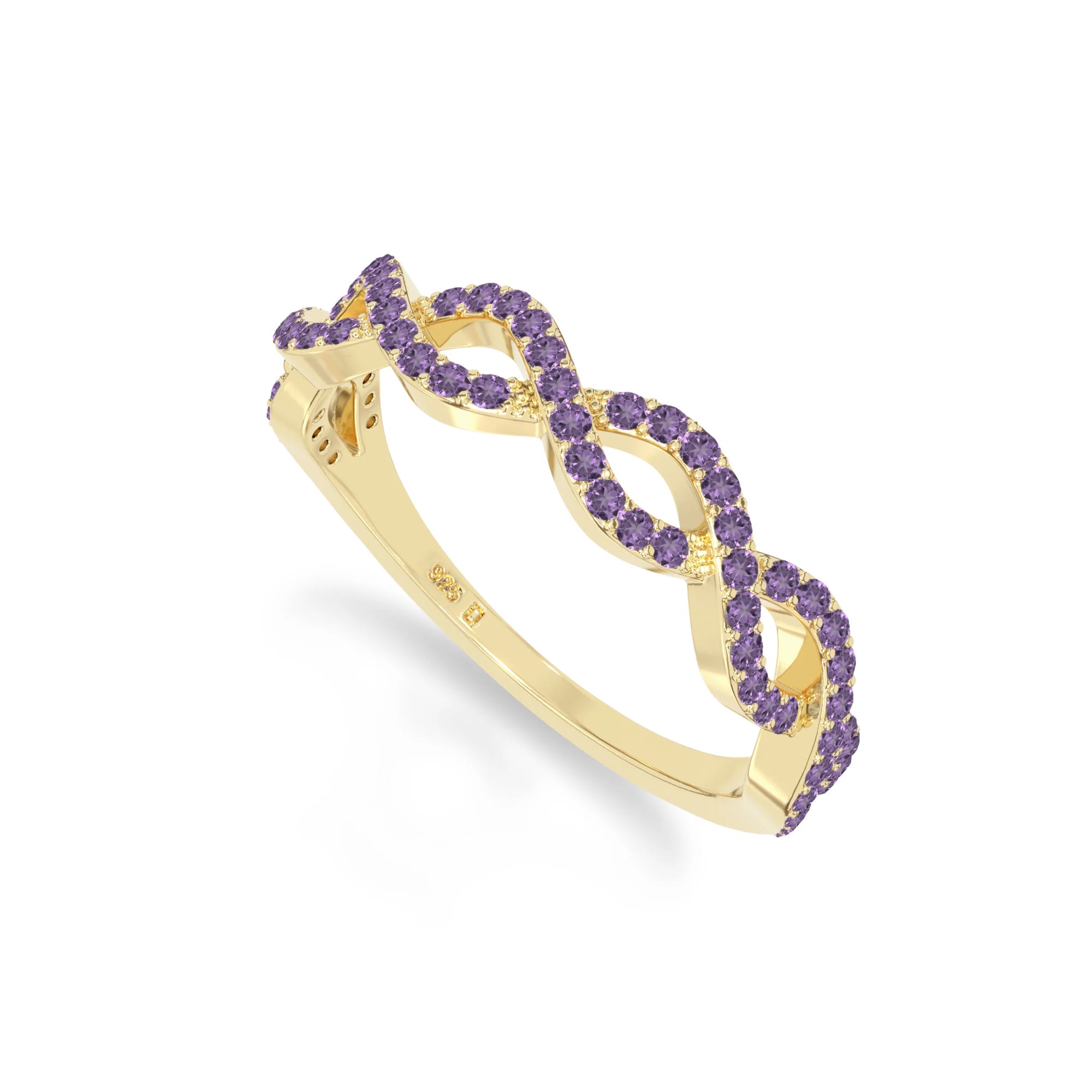 natural amethyst twisted wedding band rings in yellow gold vermeil