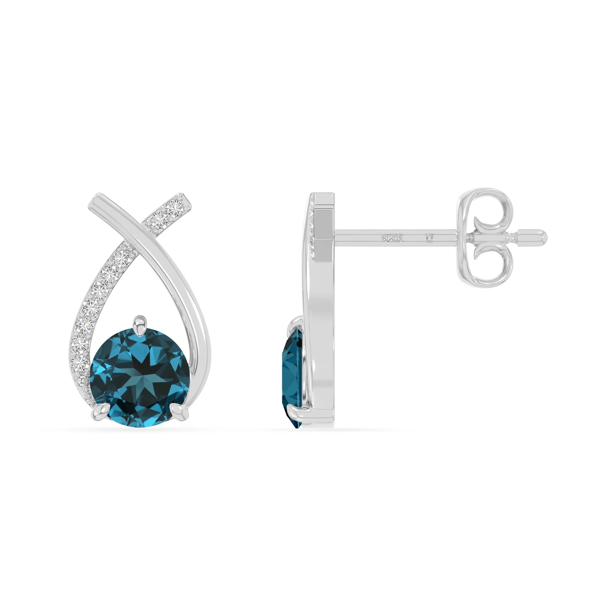 natural london-blue-topaz fishtail stud earrings in sterling silver 