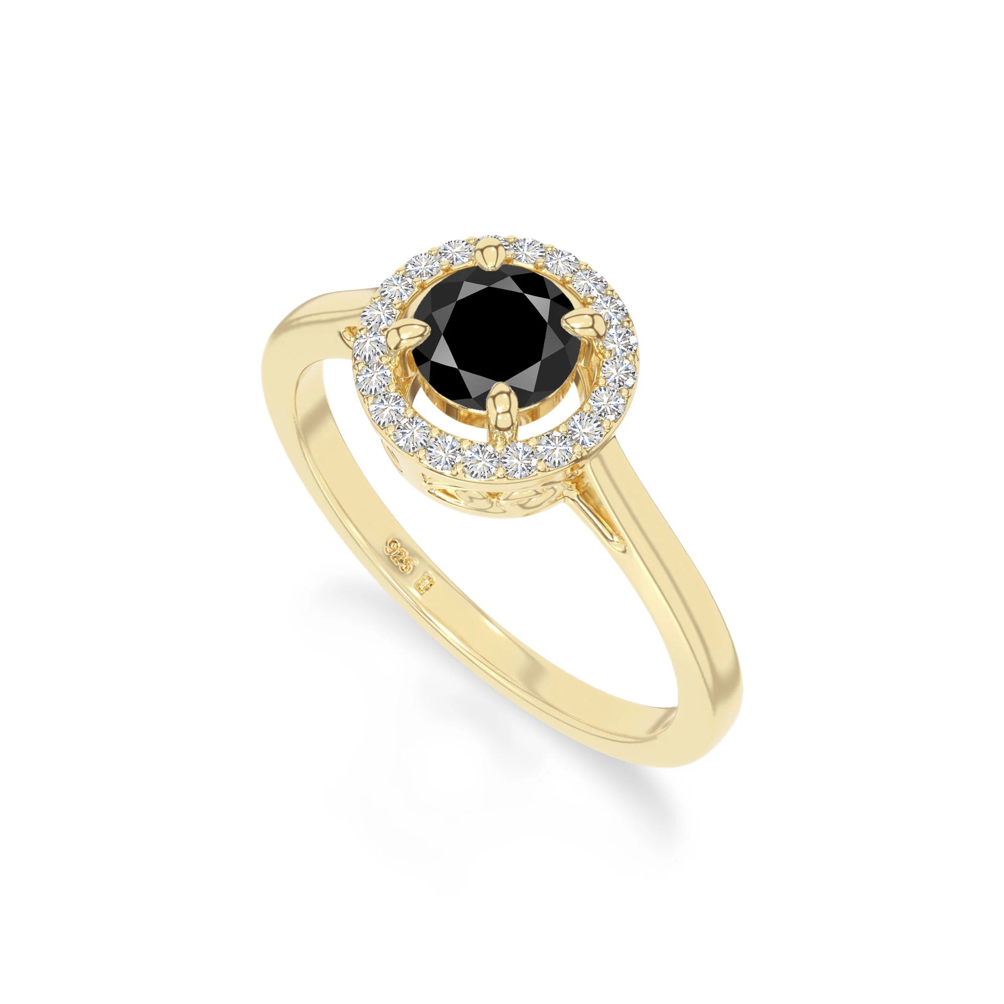 natural black onyx solitaire halo engagement rings in yellow gold vermeil
