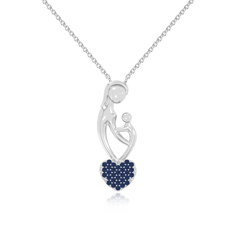 natural blue-sapphire mother child heart necklaces in sterling silver 
