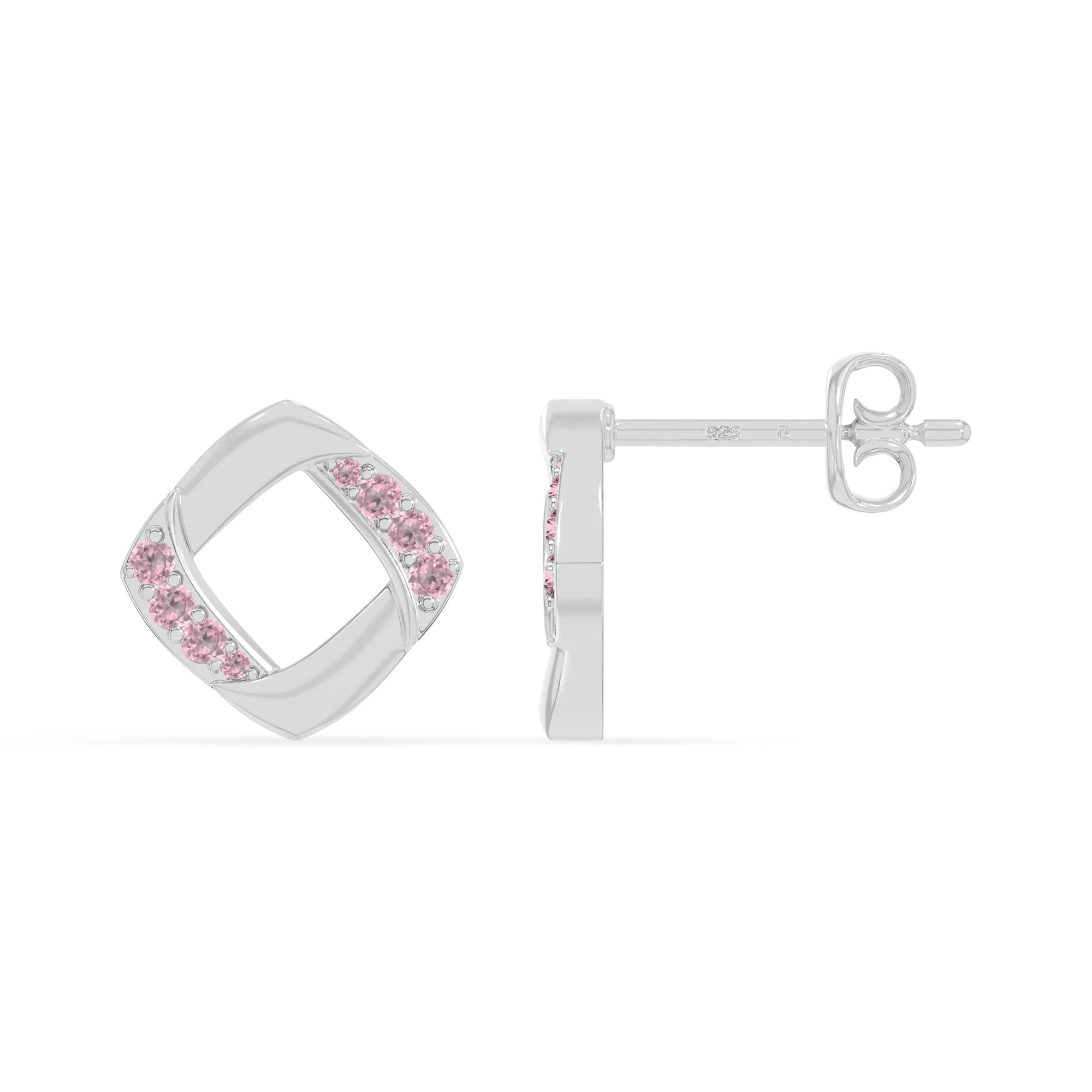 natural pink-tourmaline square stud earrings in sterling silver 