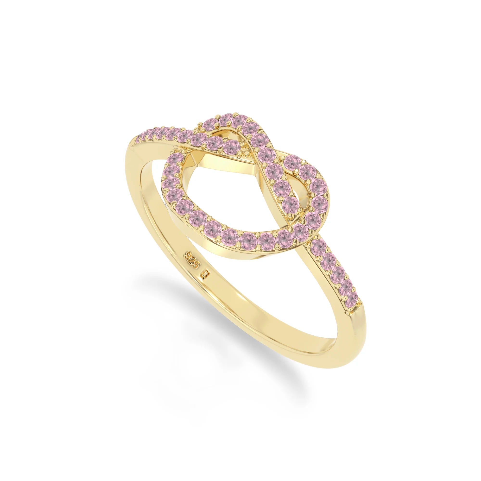 natural pink tourmaline infinity knot promise rings in yellow gold vermeil