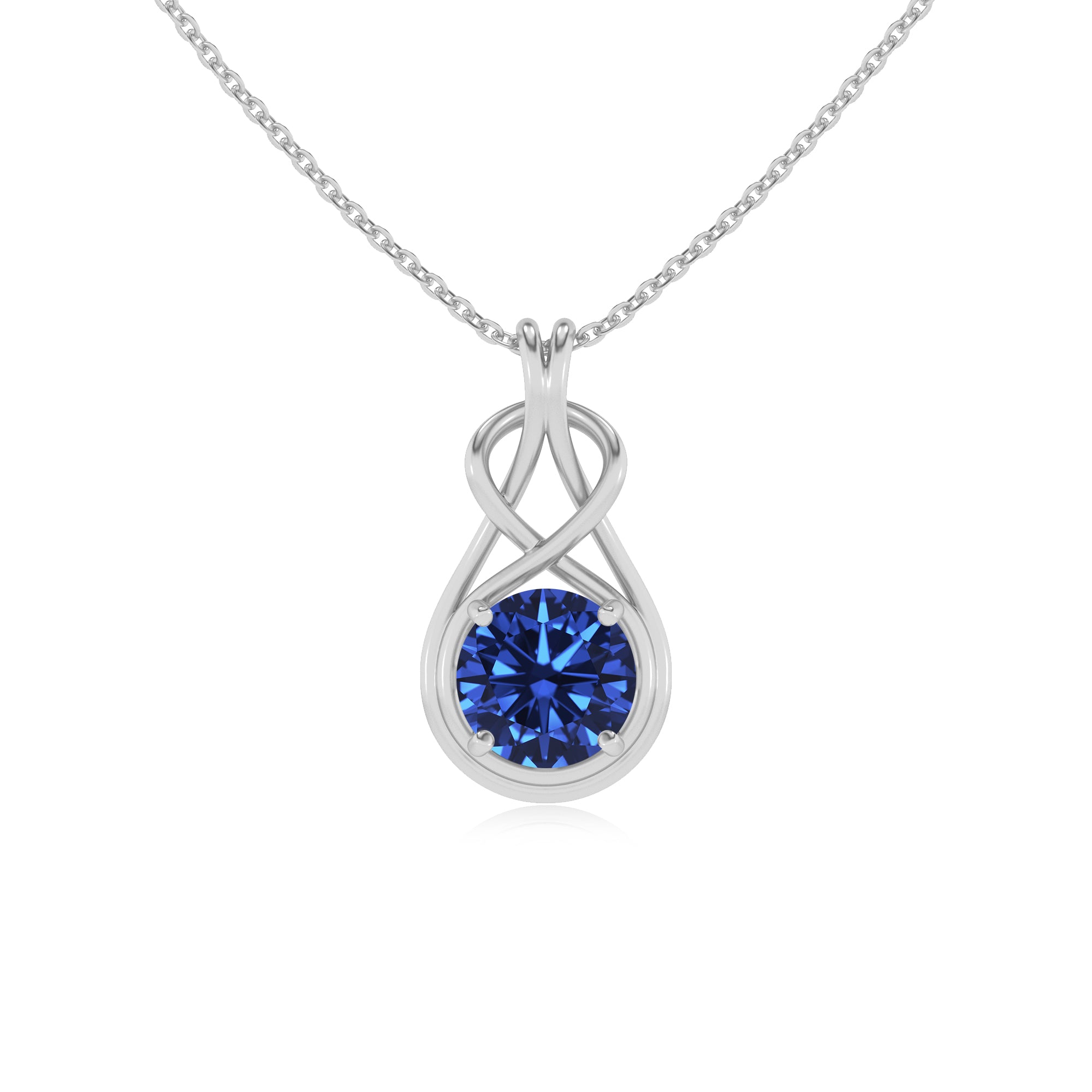 lab grown blue-sapphire round shape solitaire infinity knot pendant necklace