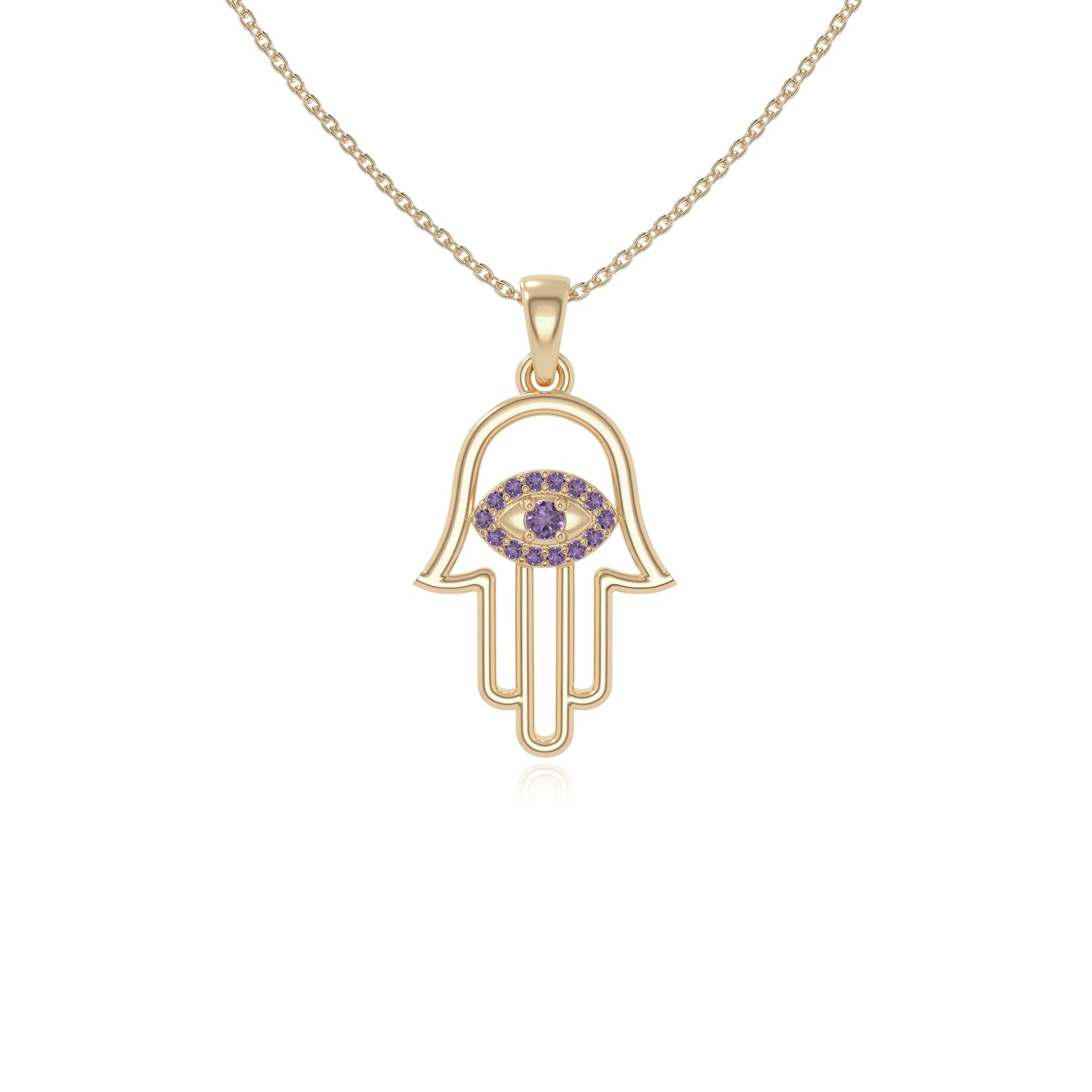 natural amethyst evil eye hamsa hand necklaces in yellow gold vermeil 