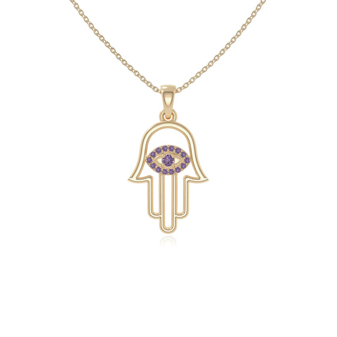 natural amethyst evil eye hamsa hand necklaces in yellow gold vermeil 
