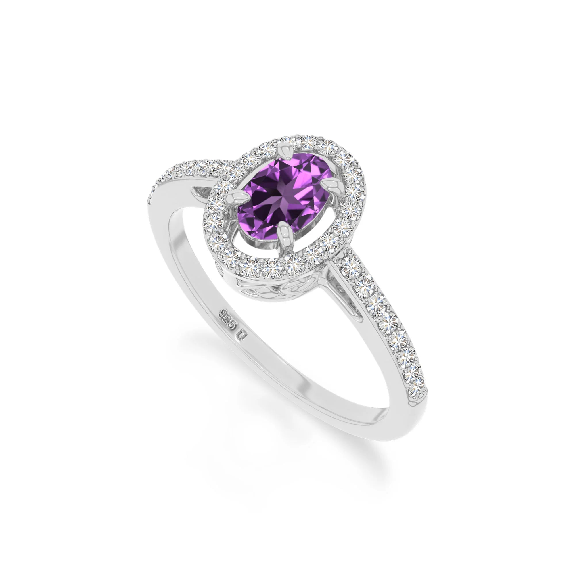 natural amethyst solitaire halo engagement rings in sterling silver 