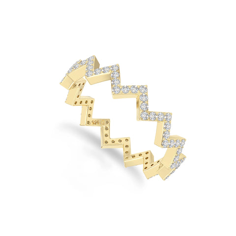 natural moissanite zig-zag wedding band rings in yellow gold vermeil