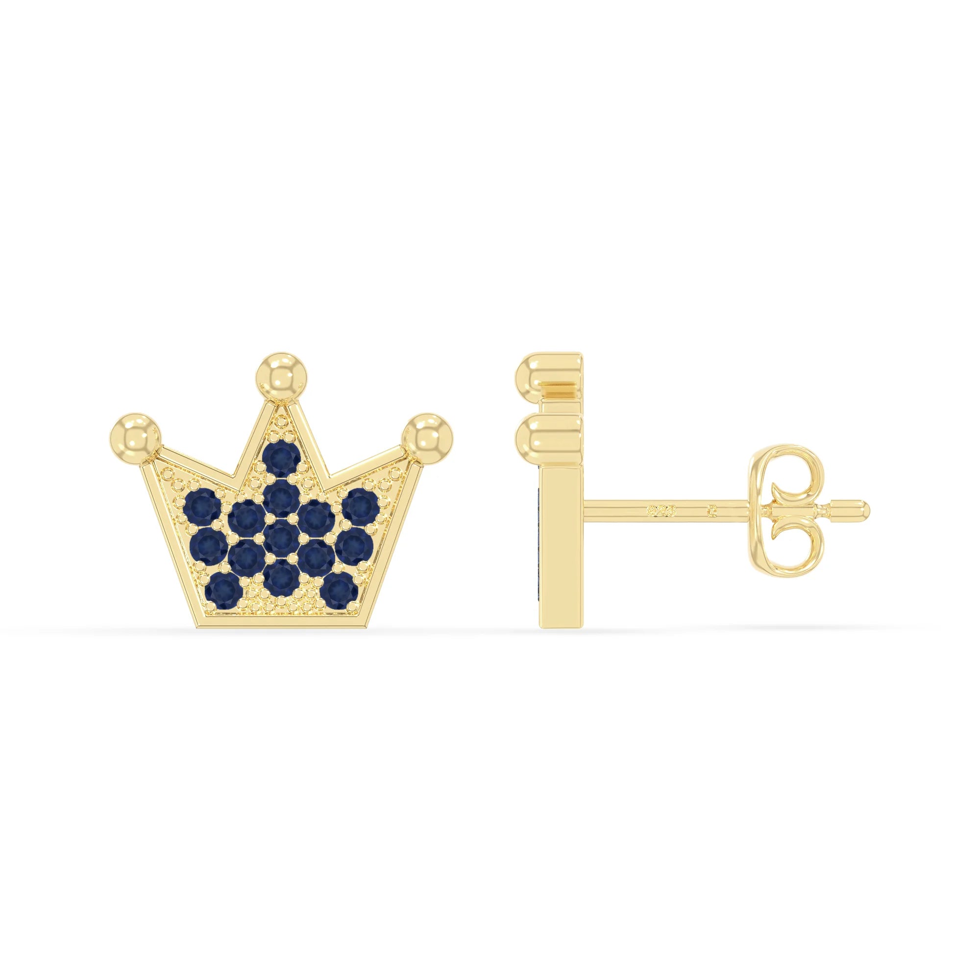 natural blue-sapphire crown stud earrings in yellow gold vermeil 