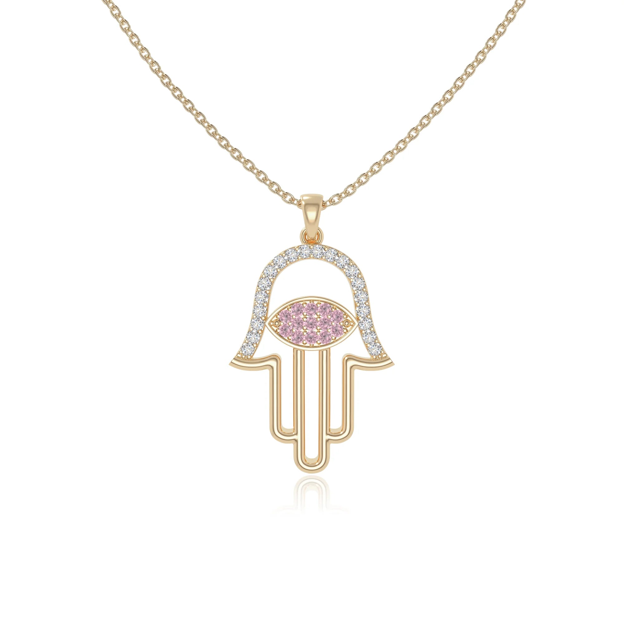natural pink-tourmaline evil eye hamsa hand necklaces in yellow gold vermeil 