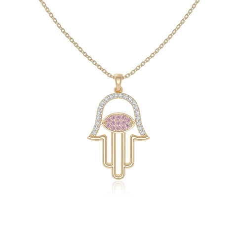 natural pink-tourmaline evil eye hamsa hand necklaces in yellow gold vermeil 
