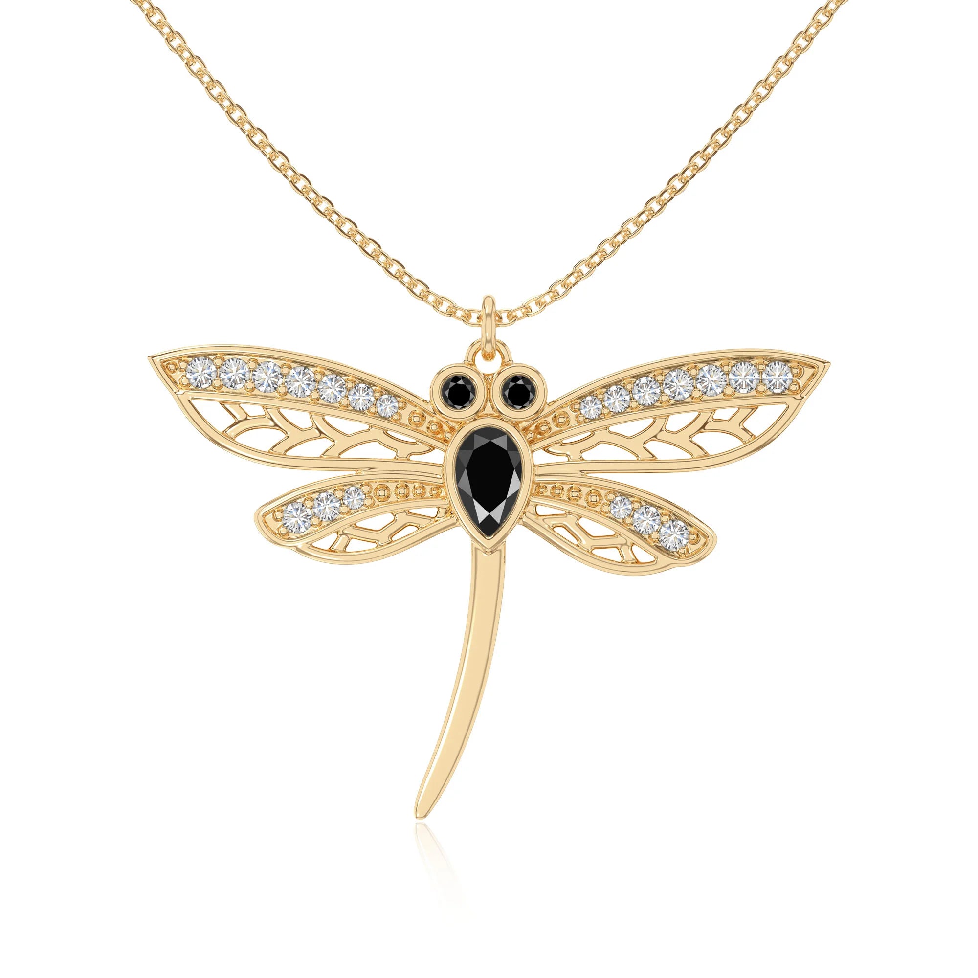 natural black-onyx dragonfly necklaces in yellow gold vermeil 