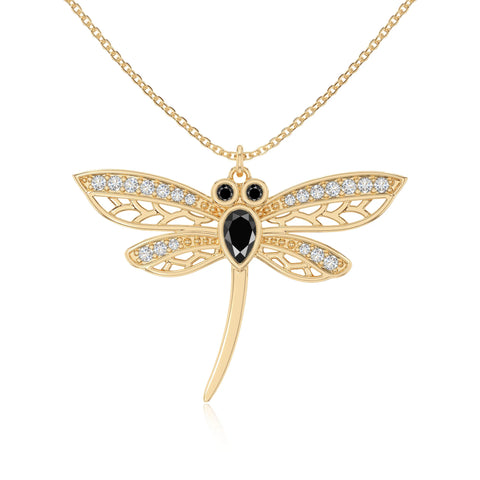 natural black-onyx dragonfly necklaces in yellow gold vermeil 