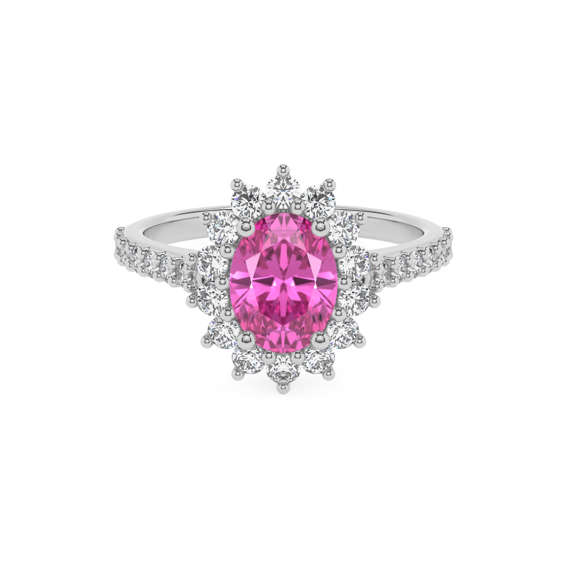 lab-grown pink-sapphire oval half eterity halo solitaire engagement ring