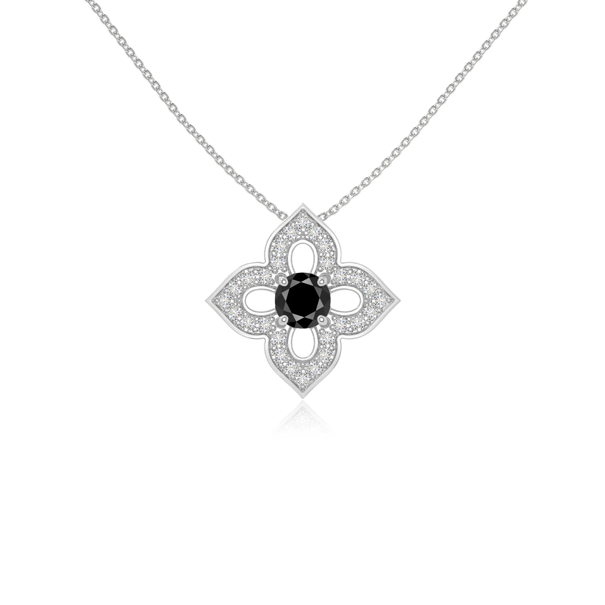 natural black-onyx 4 petal flower necklaces in sterling silver 