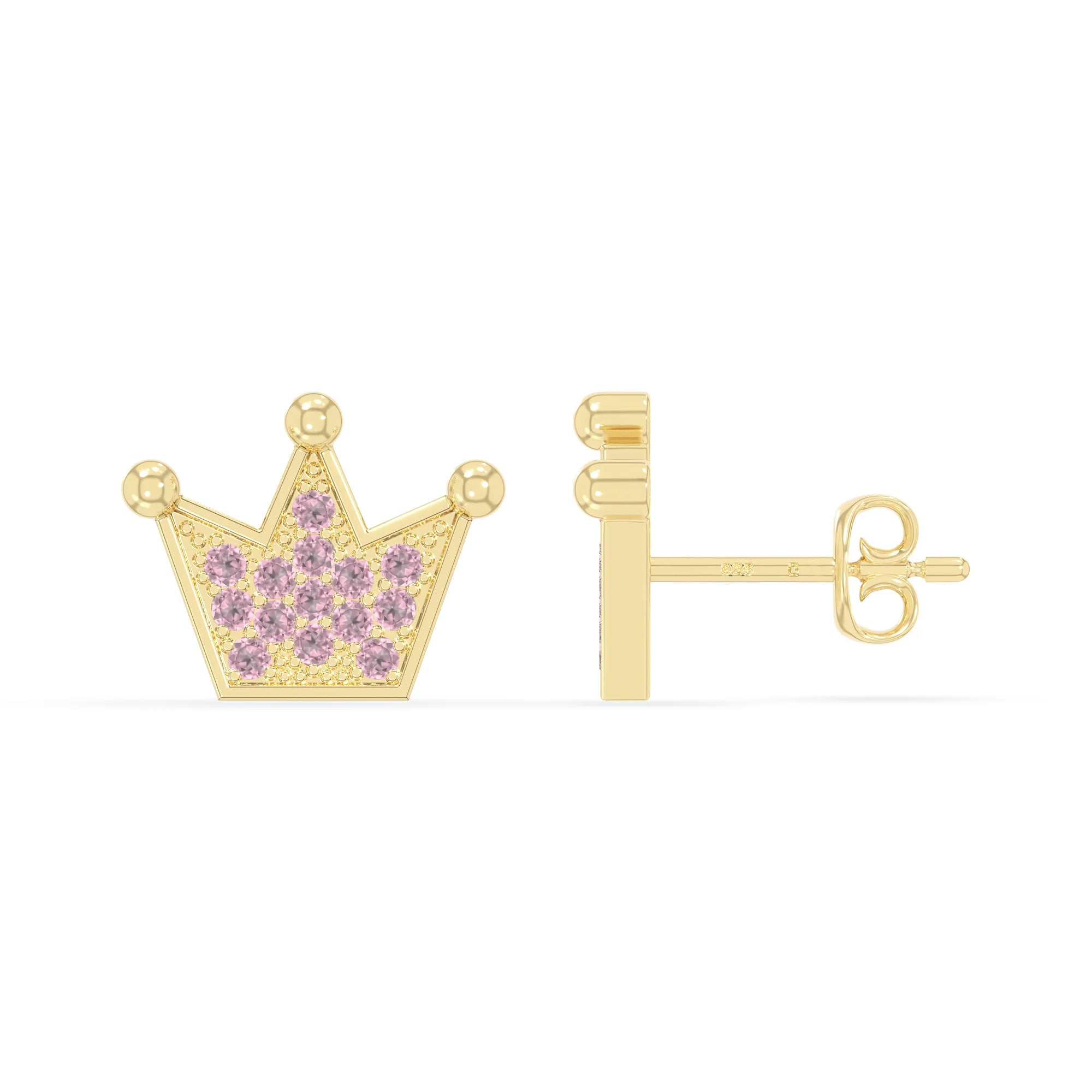 natural pink-tourmaline crown stud earrings in yellow gold vermeil 