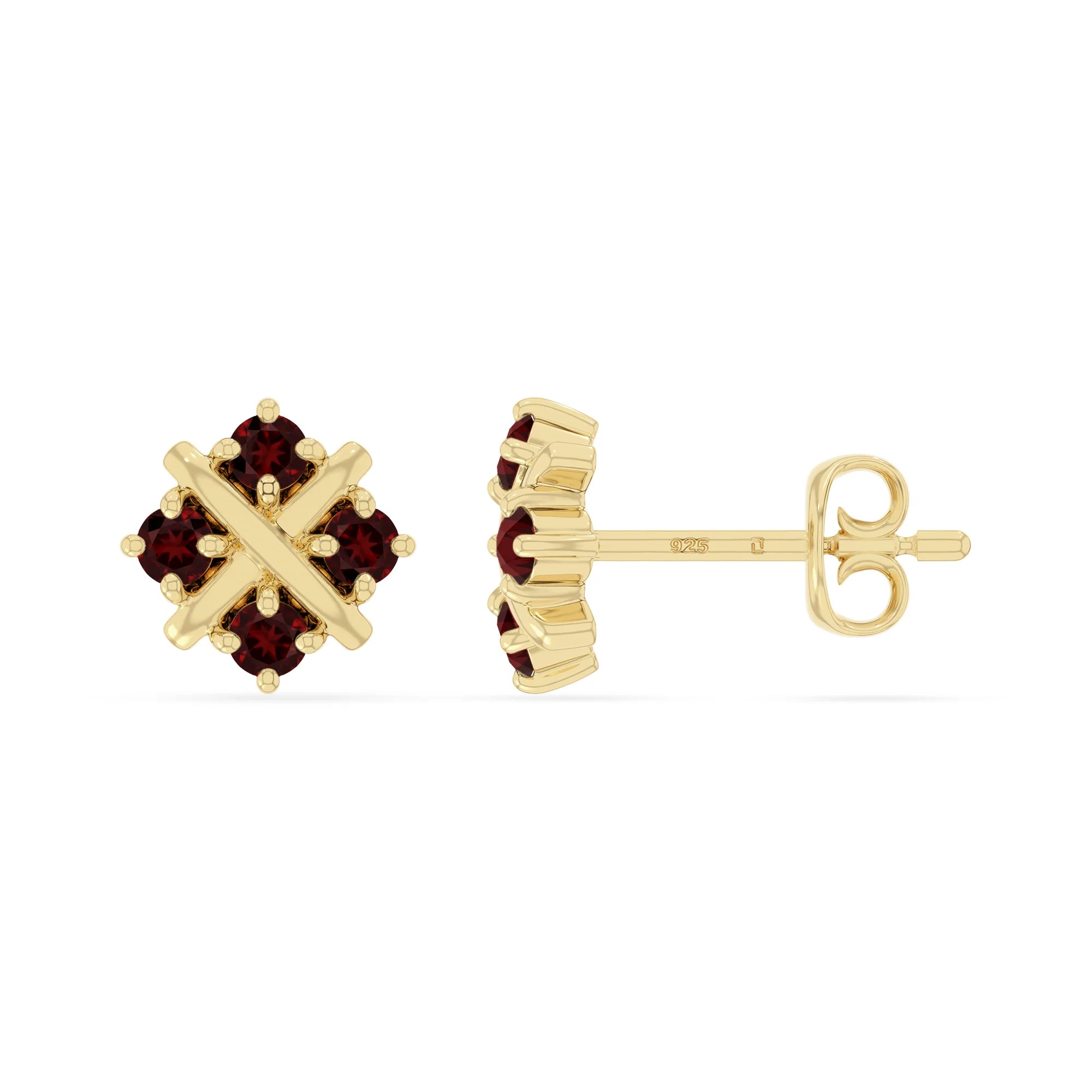 natural garnet flower stud earrings in yellow gold vermeil 