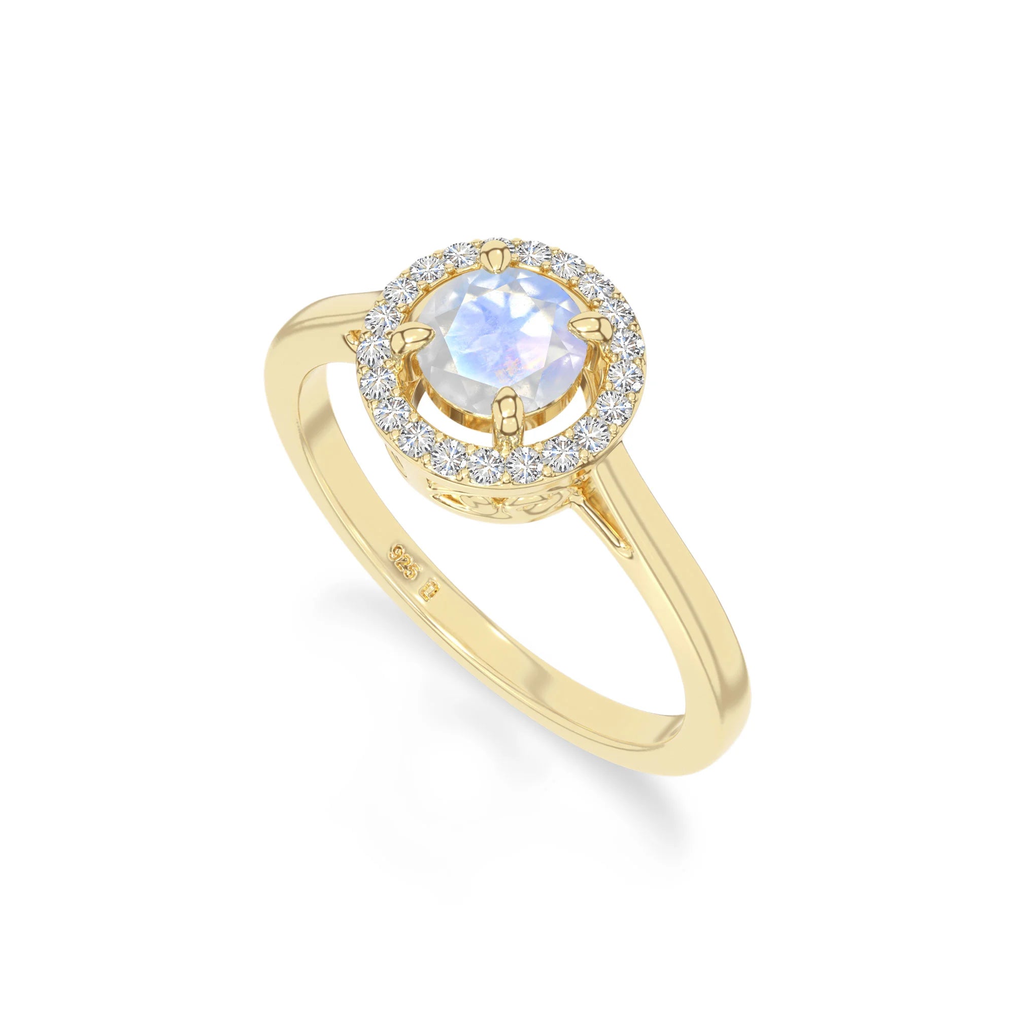 natural rainbow moonstone solitaire halo engagement rings in yellow gold vermeil