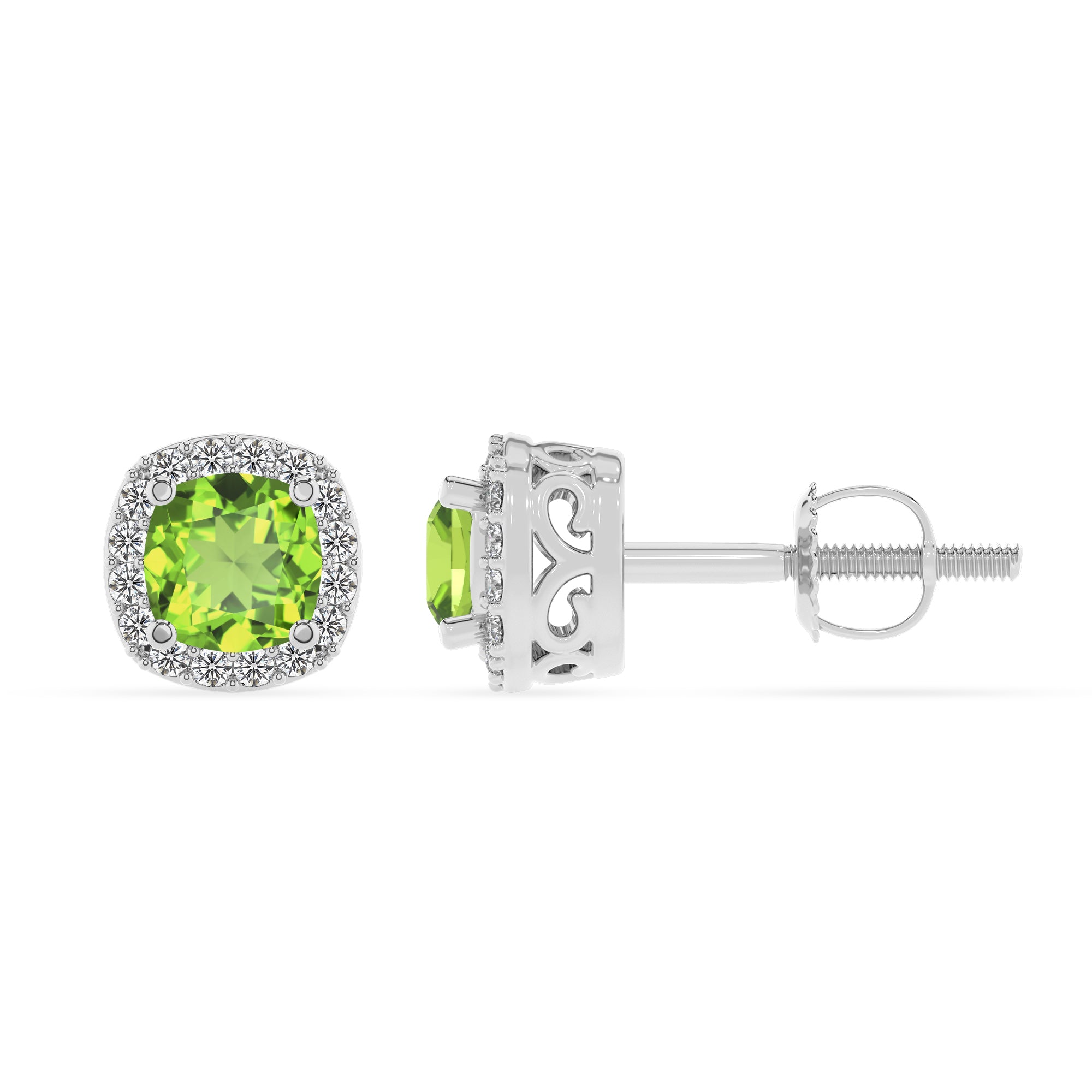 natural peridot cushion stud earrings with moissanite 