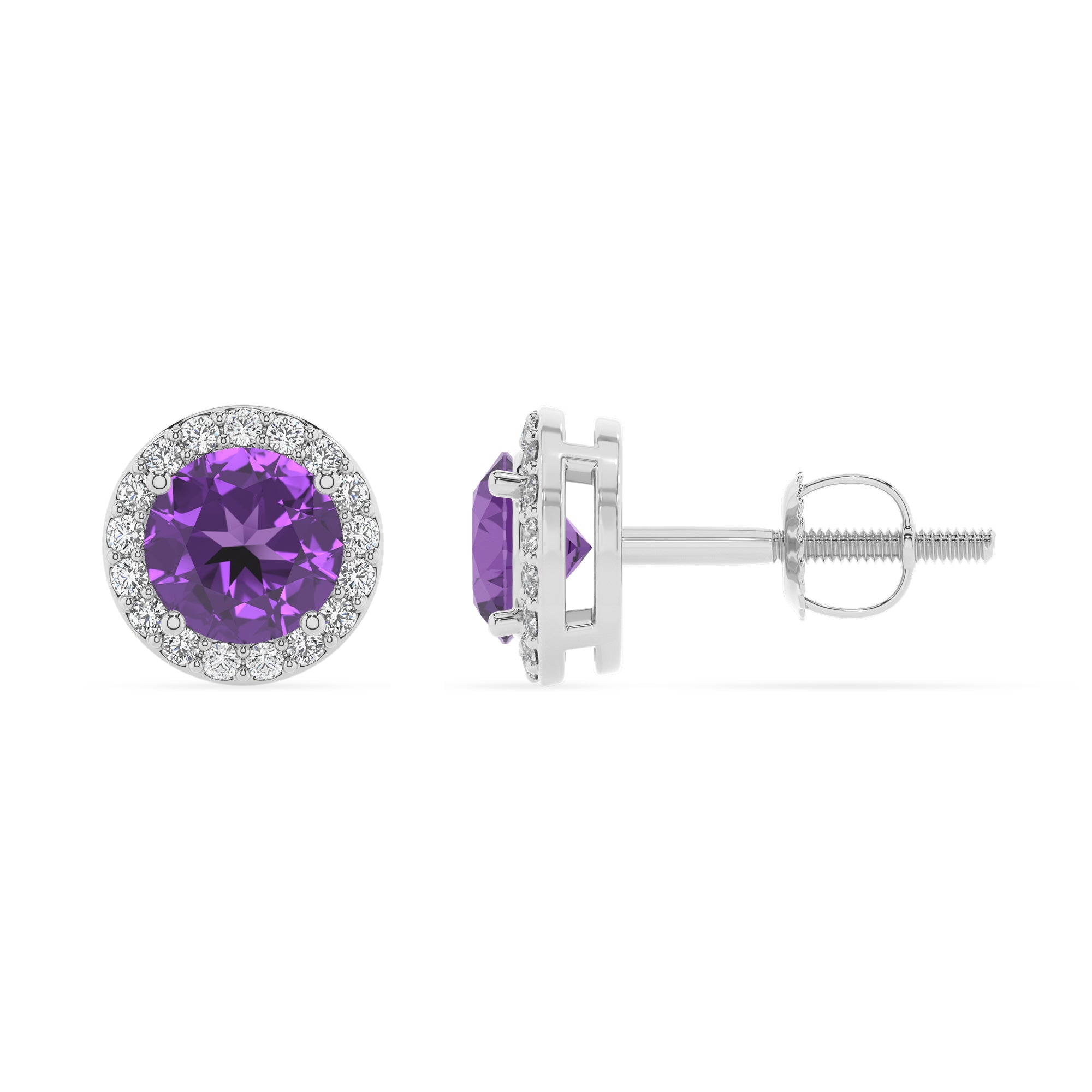 lab grown amethyst round stud earrings with moissanite 