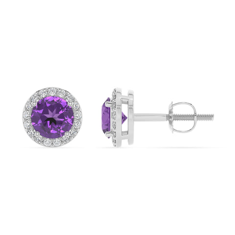 lab grown amethyst round stud earrings with moissanite 