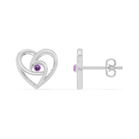 natural amethyst heart stud earrings in sterling silver 