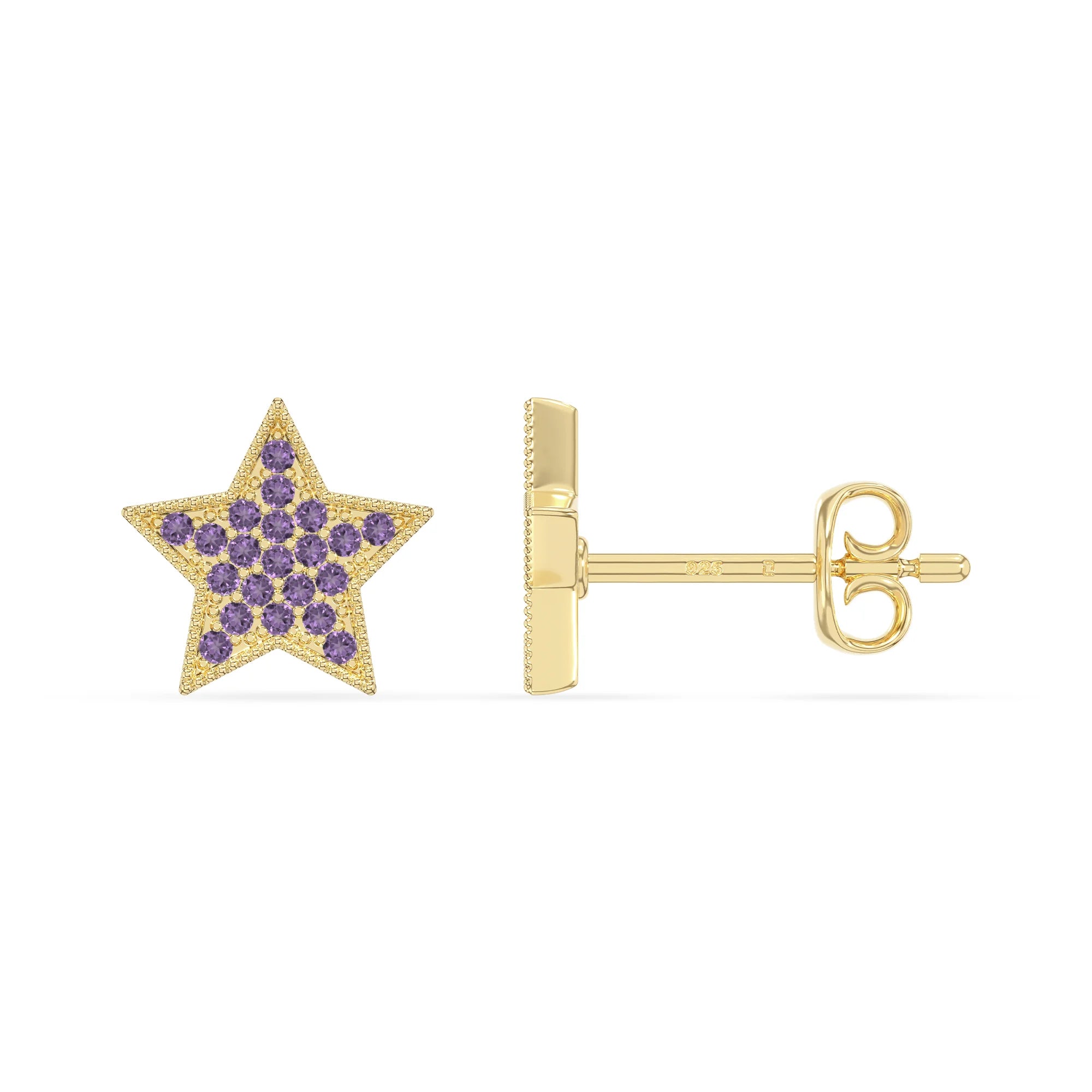 natural amethyst star stud earrings in yellow gold vermeil 