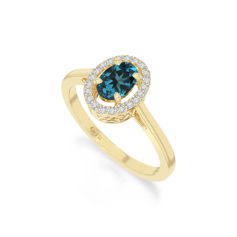 natural london blue topaz solitaire halo engagement rings in yellow gold vermeil