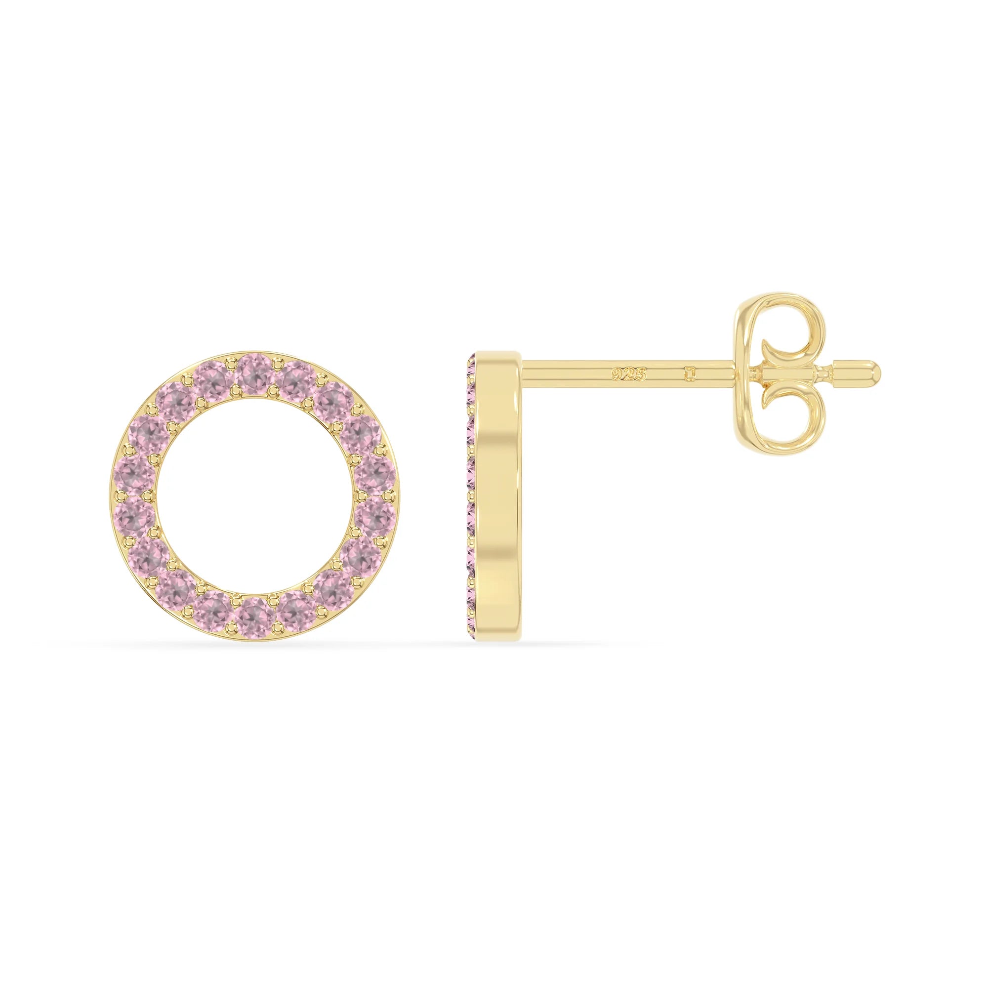 natural pink-tourmaline circle stud earrings in yellow gold vermeil 