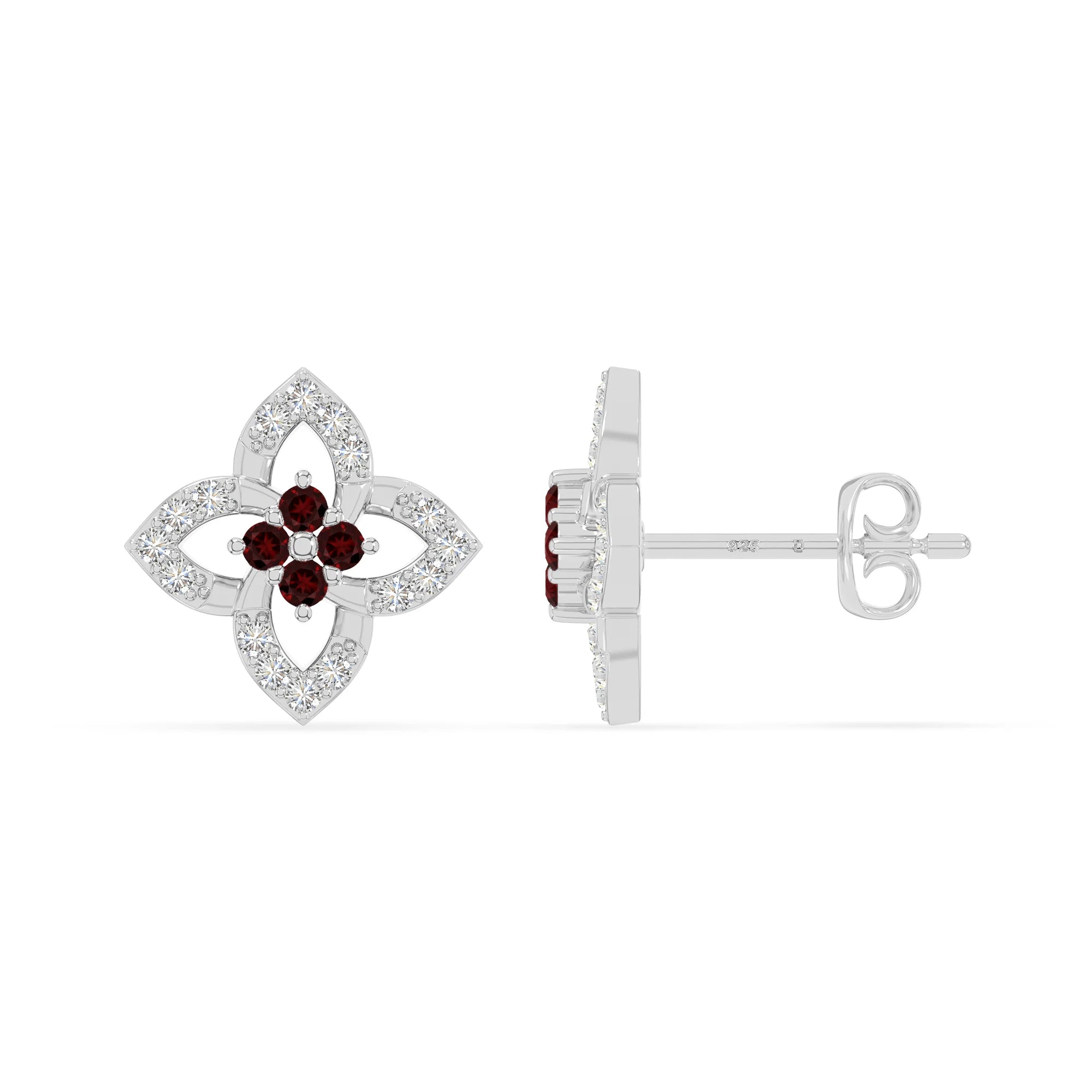 natural garnet 4 petal flower stud earrings in sterling silver 