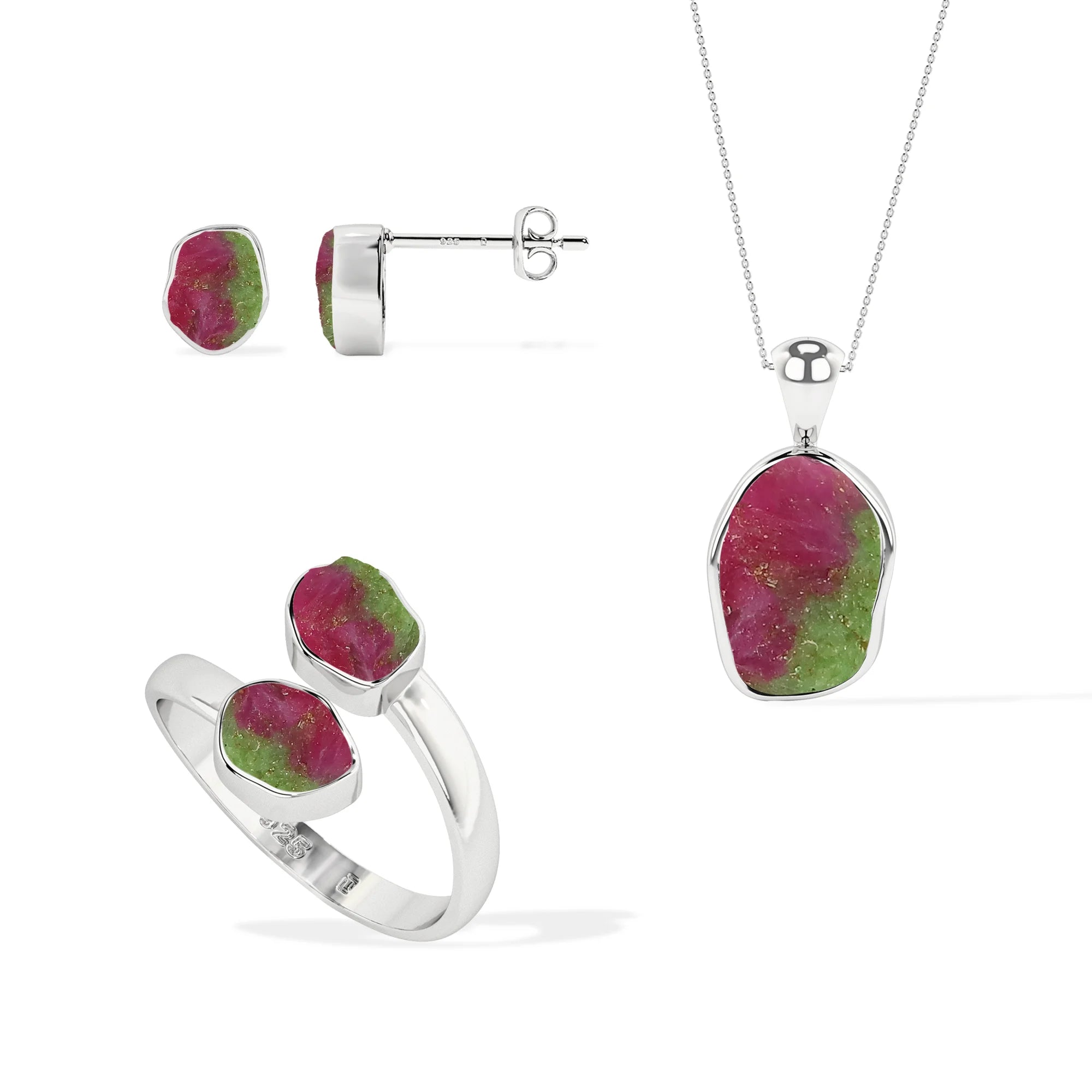 ruby-zoisite rough shape stackable bezel Jewelry set