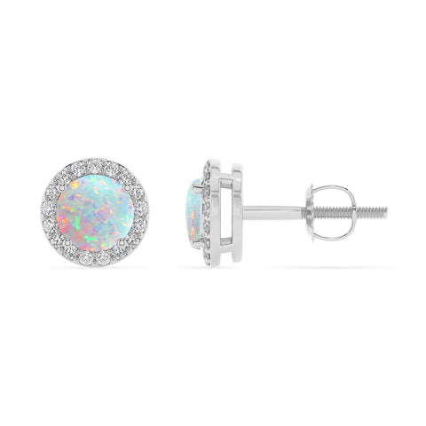 lab grown opal round stud earrings with moissanite 