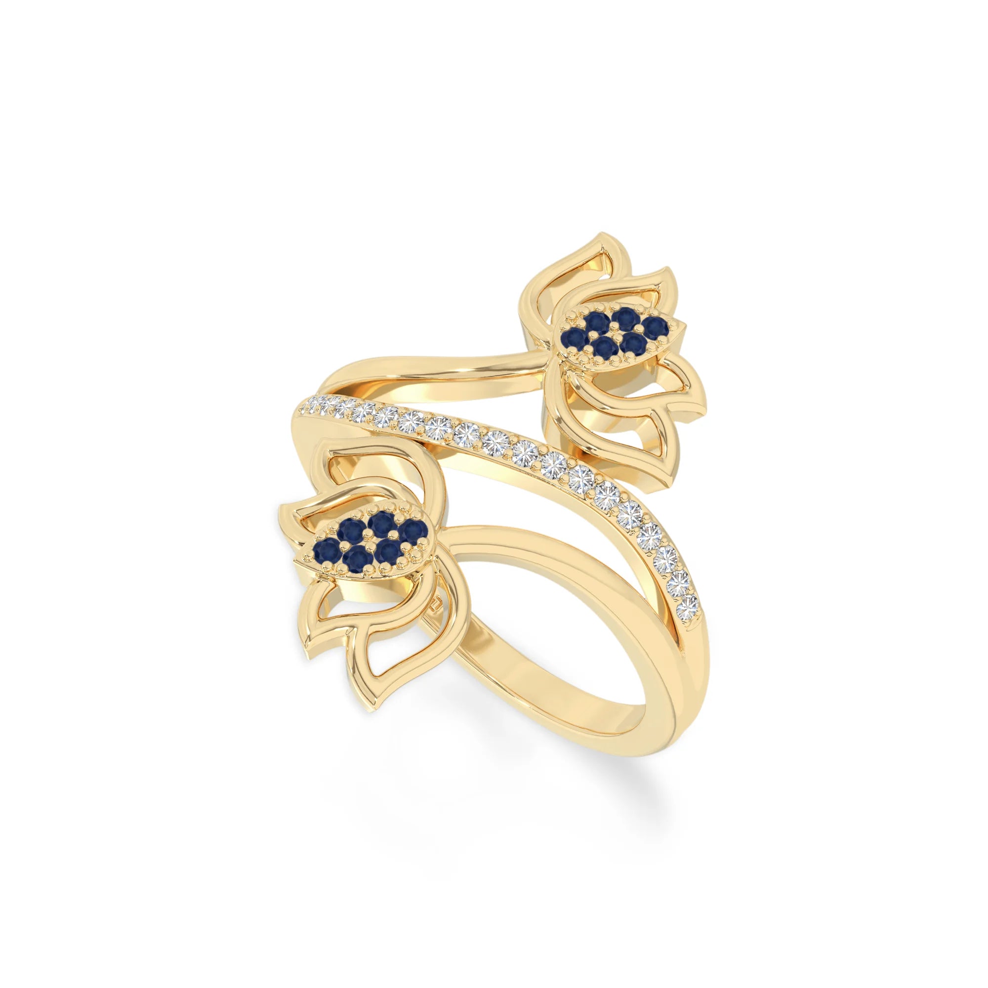 natural blue sapphire lotus blossom rings in yellow gold vermeil