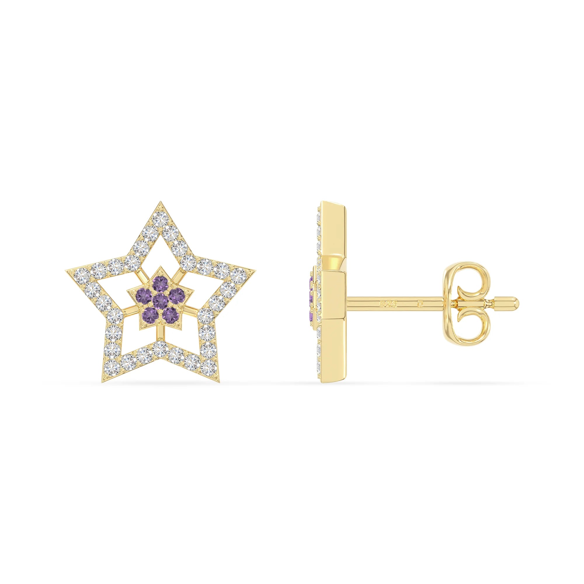 natural amethyst star stud earrings in yellow gold vermeil 