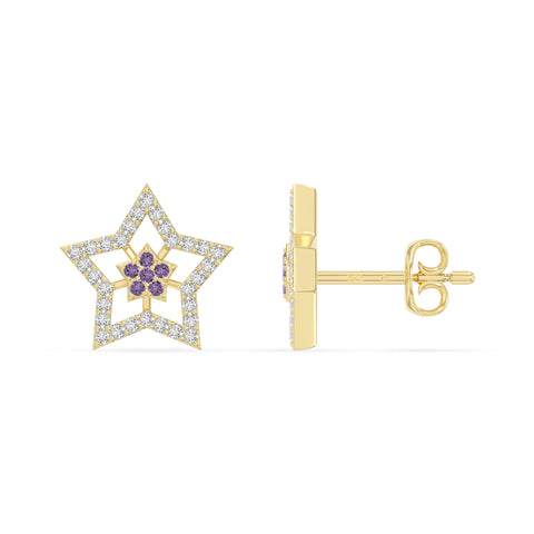 natural amethyst star stud earrings in yellow gold vermeil 