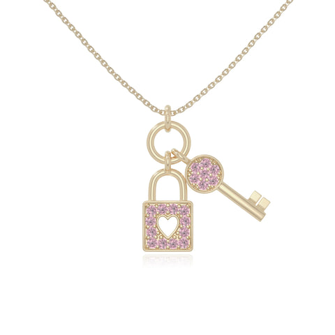 natural pink-tourmaline lock & key necklaces in yellow gold vermeil 