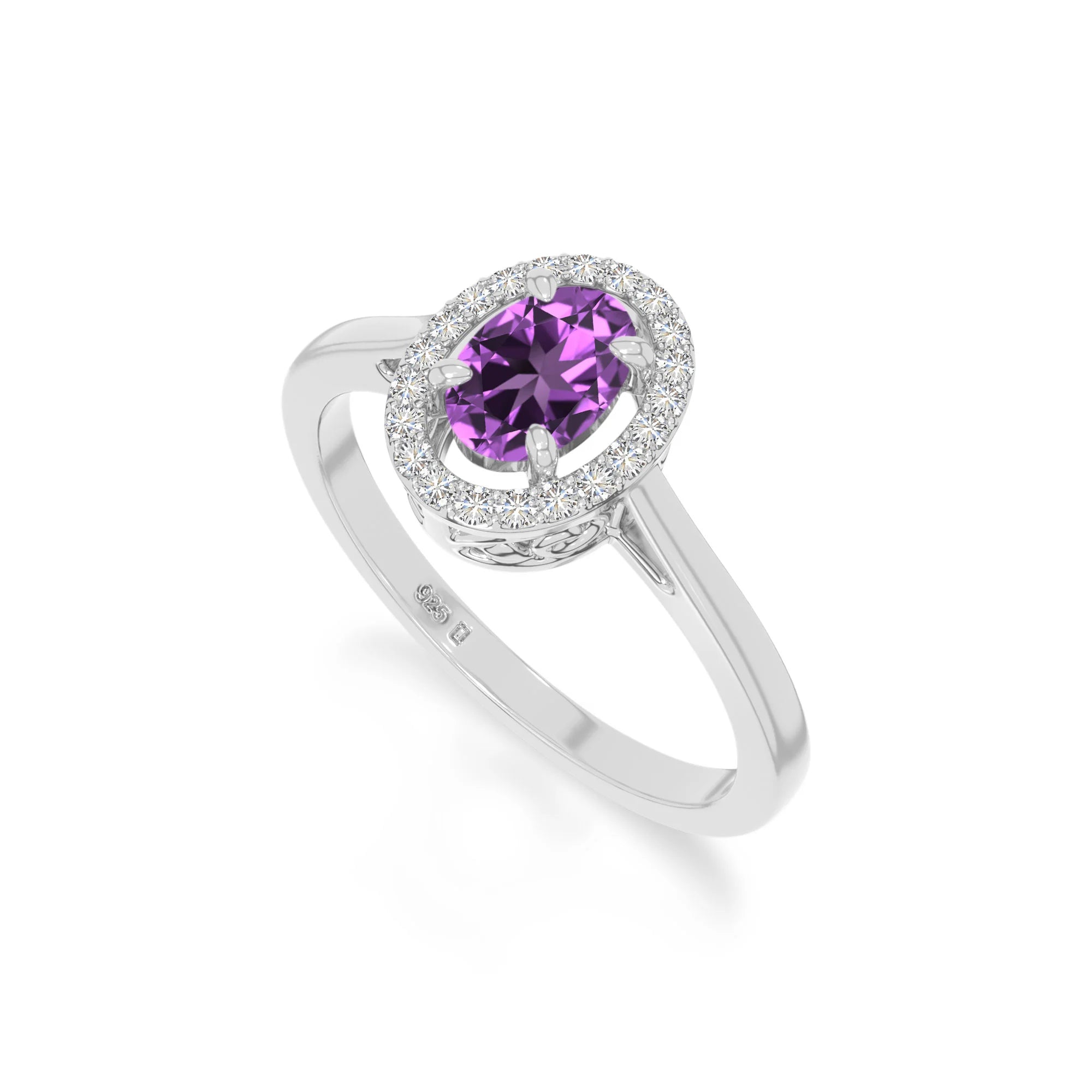 natural amethyst solitaire halo engagement rings in sterling silver 