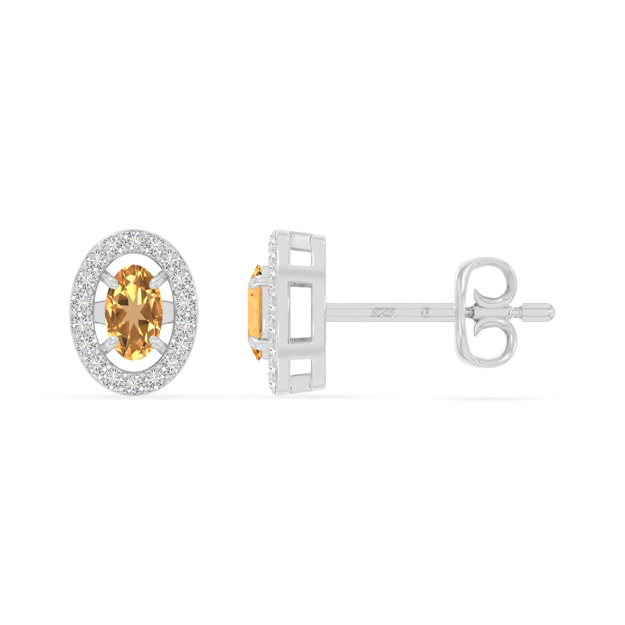 natural citrine halo stud earrings in sterling silver 