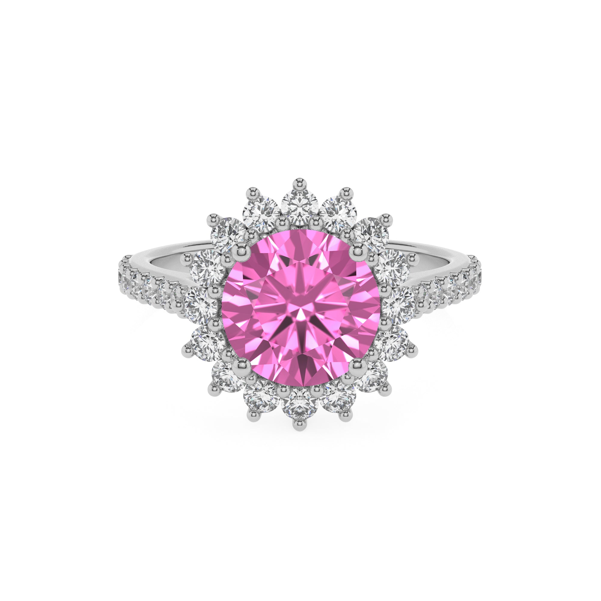 lab-grown pink-sapphire round half eterity halo solitaire engagement ring