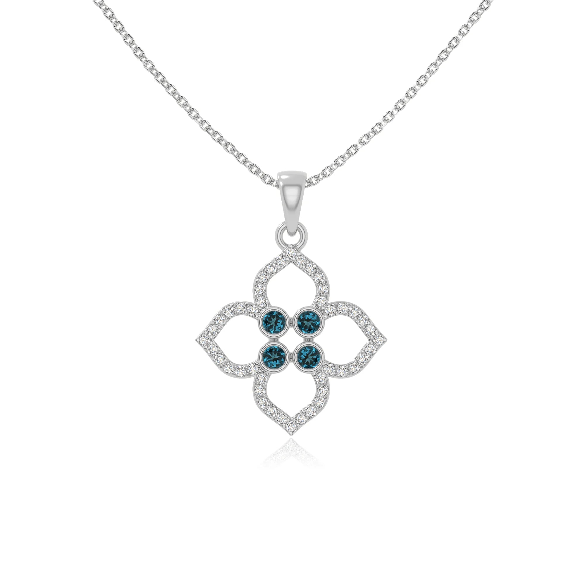 natural london-blue-topaz 4 petal flower necklaces in sterling silver 