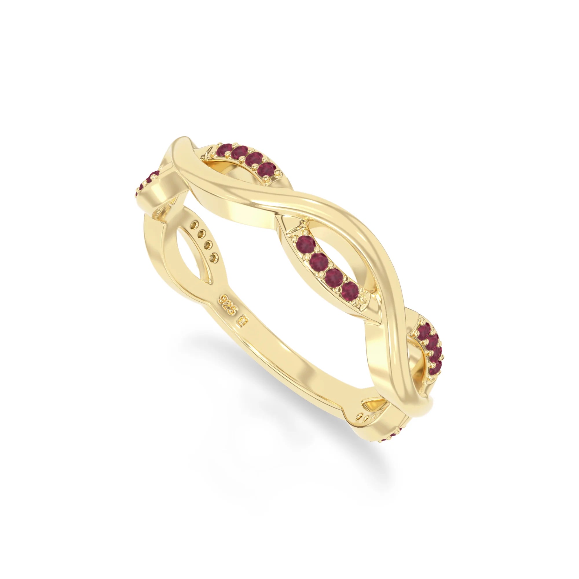 natural ruby twisted wedding band rings in yellow gold vermeil