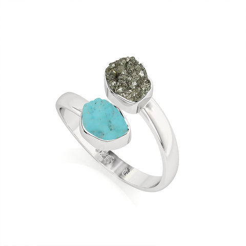 pyrite-turquoise rough shape stackable bezel-set ring