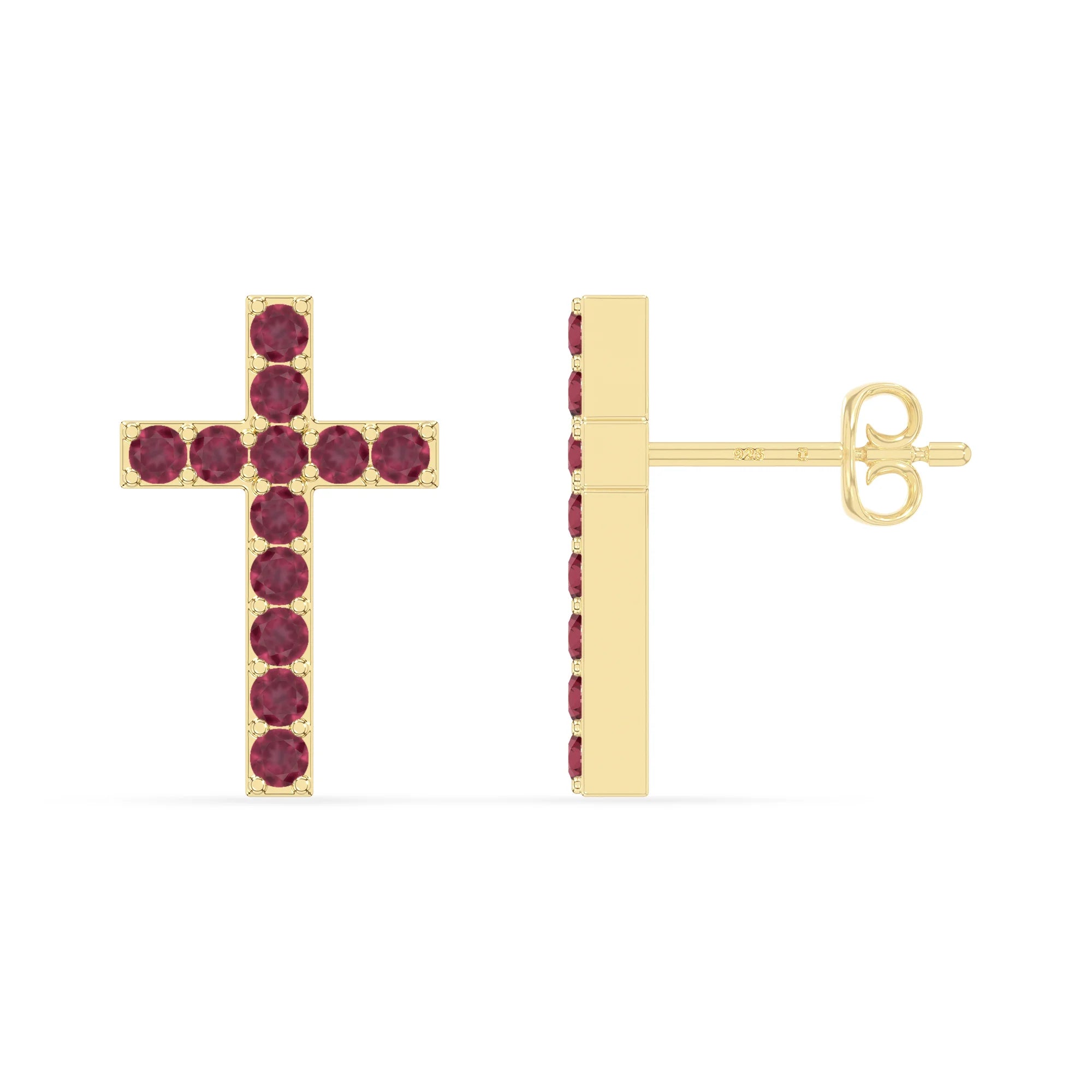 natural ruby cross stud earrings in yellow gold vermeil 