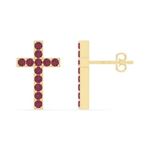 natural ruby cross stud earrings in yellow gold vermeil 