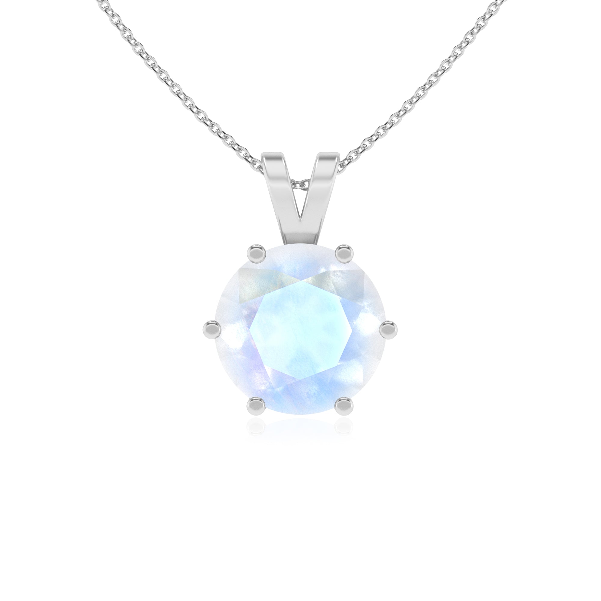 natural rainbow moonstone round shape solitaire v-bale pendant necklace